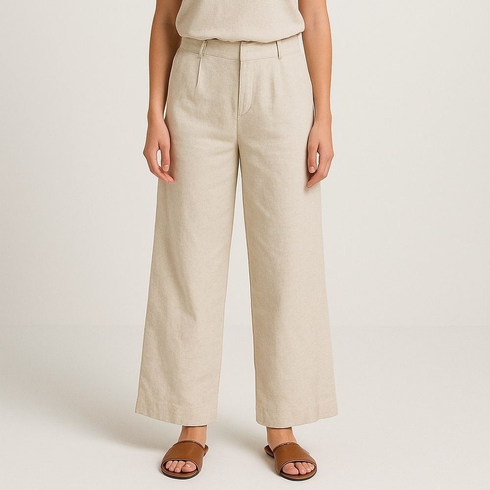 Soundstyle Beige High Rise Linen Blend Wide Leg Pant Women’s 12 Beach Boho 34x29